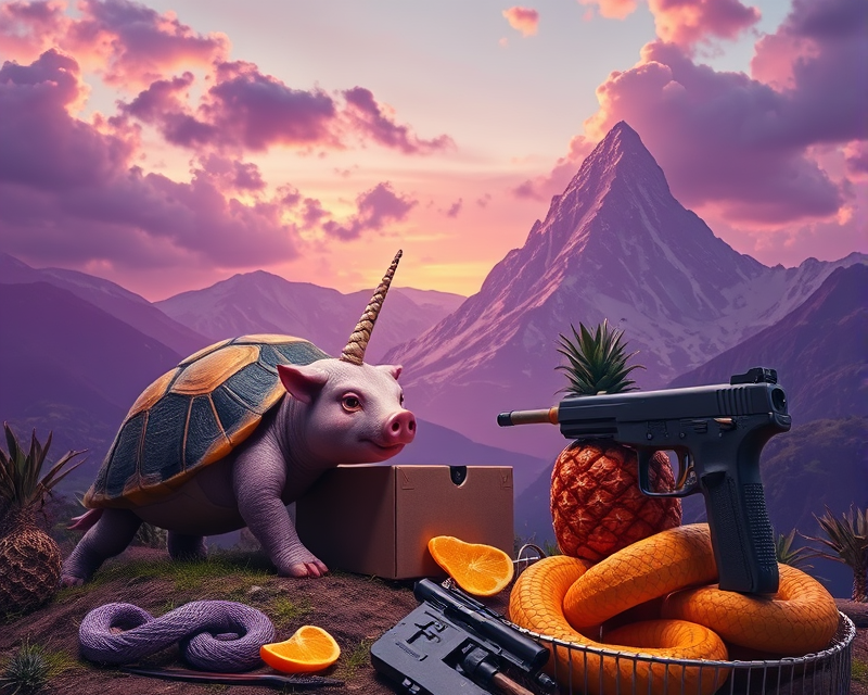 purple, tortoise, coffin, pig, box, unicorn, mountain, dragon, gun, orange, snake, potato chip, fork, pineapple